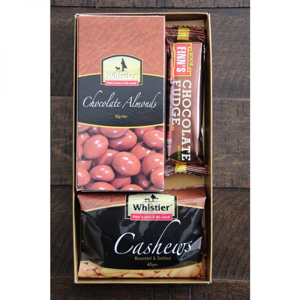 Gold box sampler chocolate almonds cashews chocolate fudge bar Whistler Foods